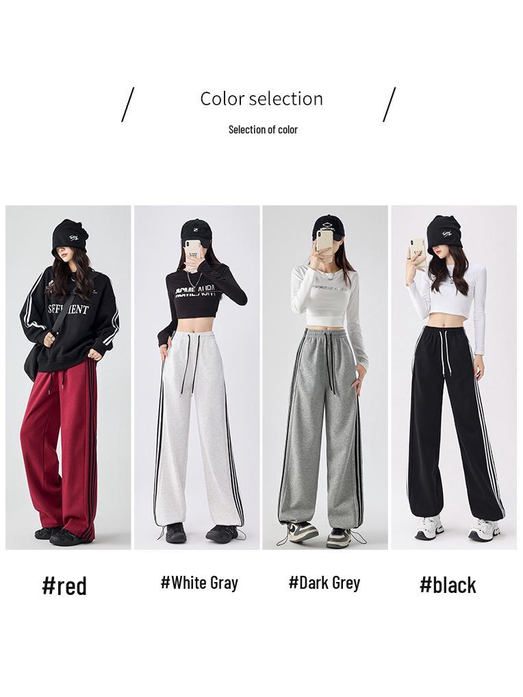2025 Women's White-Gray Striped Wide-Leg Sweatpants: Spring/Autumn Casual Loose Fit Joggers