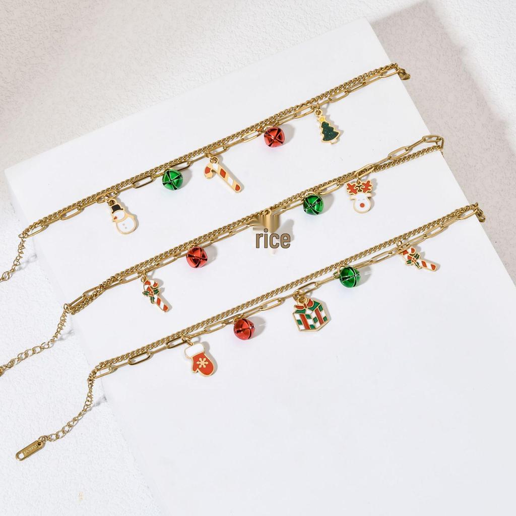 Double-layer Stainless Steel Bracelet with Christmas Charms: Snowman, Snowflake, Tree, Santa.
