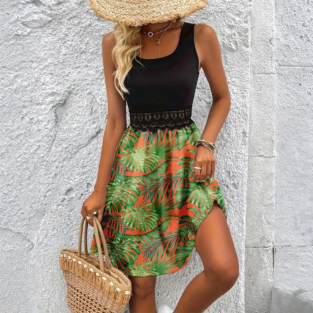 Women's Fashionable Retro Printed Color Blocked Vest Casual Dress