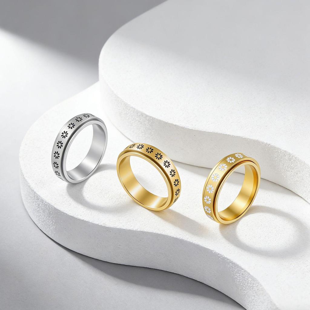 Titanium Steel Rotating Daisy Couple Ring - Small Flower Pattern Jewelry