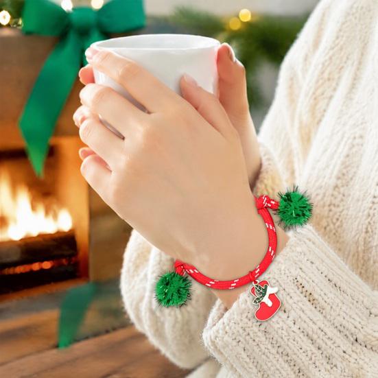 Charming Christmas Stocking Stuffer Bracelets, Red Green String Bracelet, Adjustable Rope Bracelet with Holiday Party Jewelry Charm And Tinsel