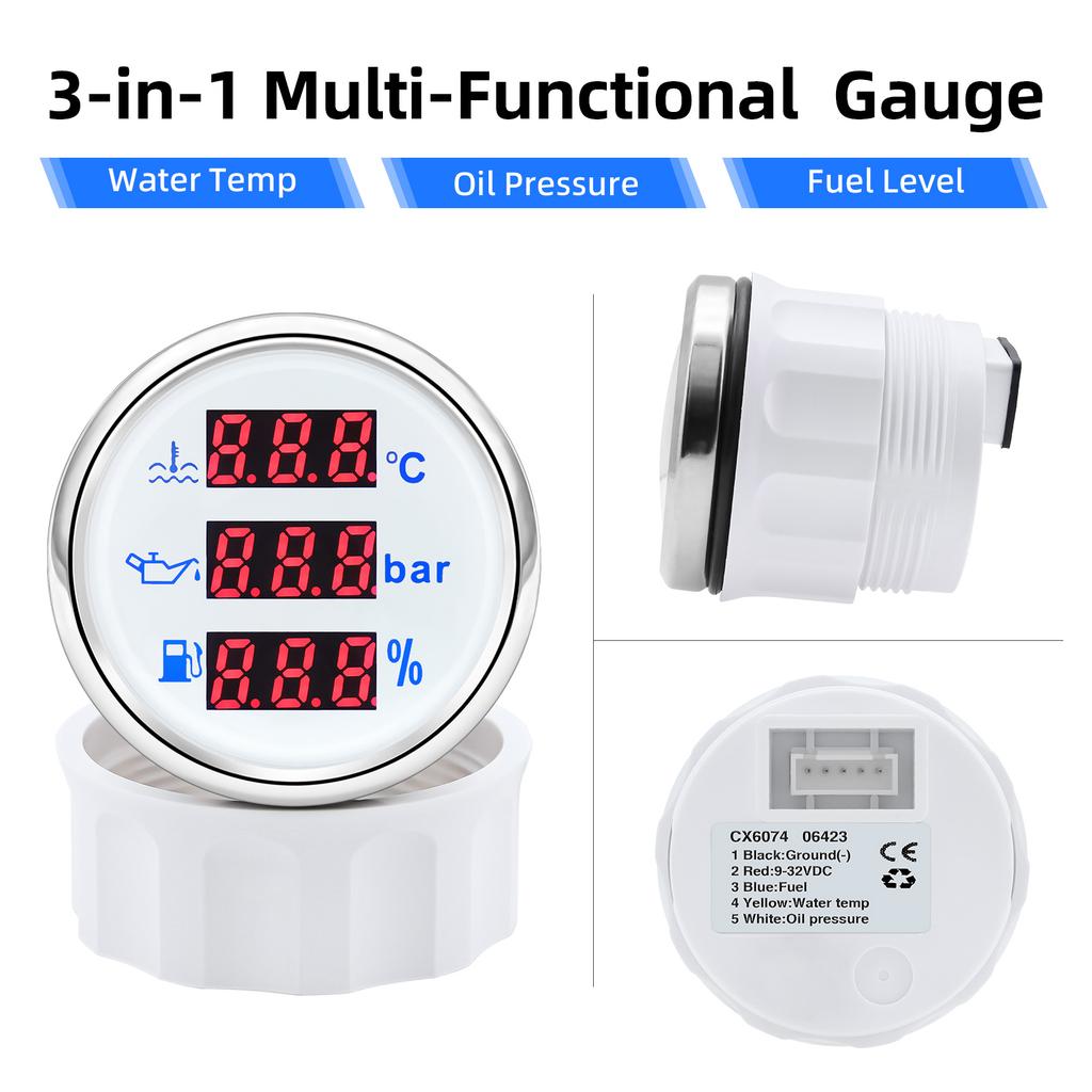 52mm Digital 3 in 1 Waterproof Car Boat Gauge For 12V24v Water Temperature Oil Pressure Voltmeter Fuel Level With Alarm Signal