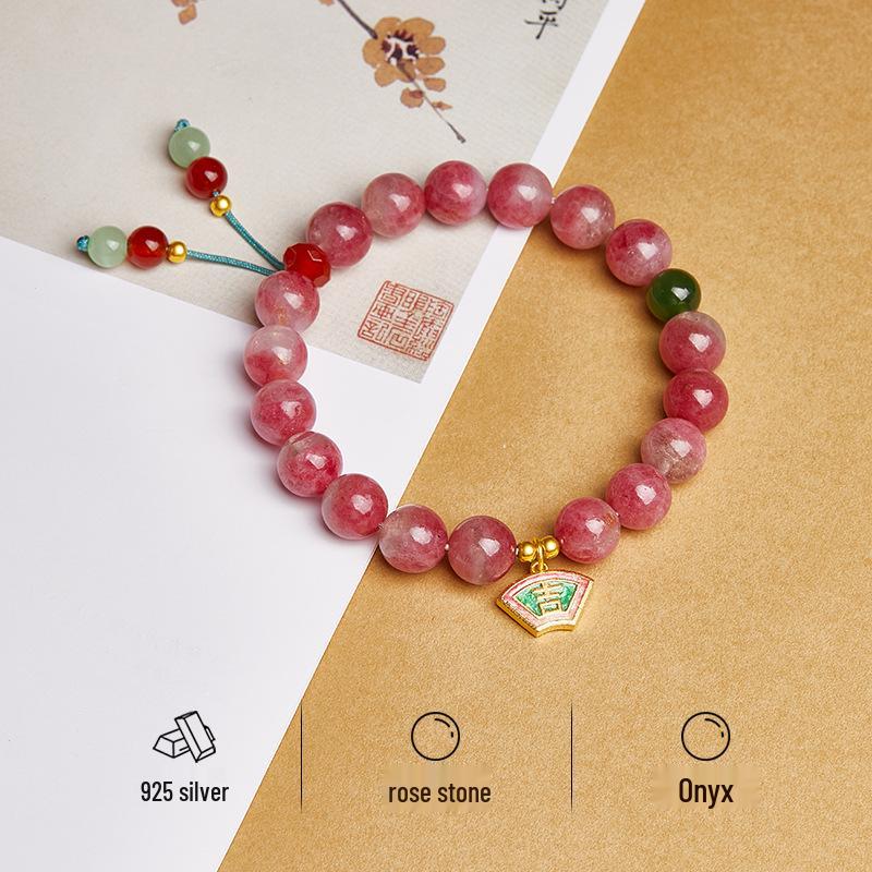 S925 Sterling Silver Bracelet with Rose Quartz, Red Agate, and Hetian Jade – Sakura Rain Niche High-End Design for Women.