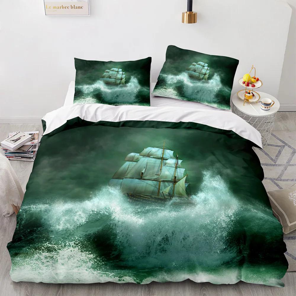 Vintage Sailboat Duvet Cover Nautical Ocean For Children Teen Adult Ship Fire Black Retro Style Polyester Quilt Cover Room Decor