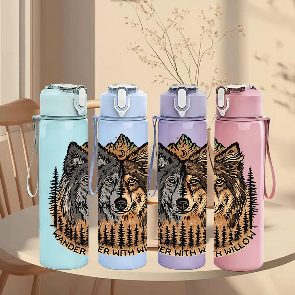 1PC Wolf Head Fur Texture Art Print 750ml Color Plastic Sports Water Bottle Leakproof Flip Straw Lid Suitable for Sports Office Home Use