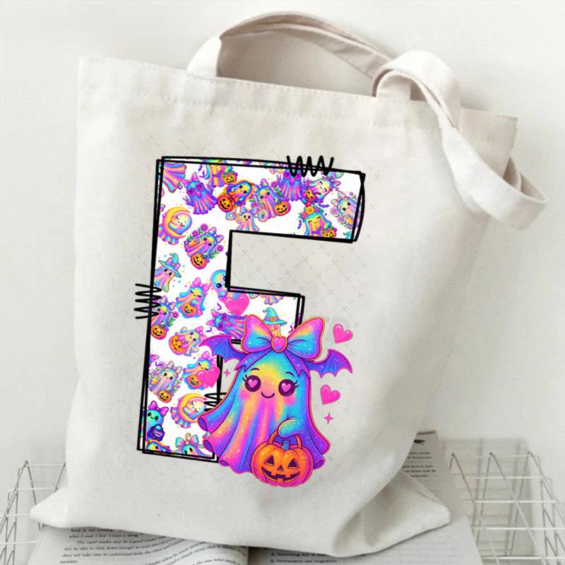 Halloween Alphabet Canvas Bag Going Out Portable Handbag Women's Large Capacity Casual Shoulder Crossbody Bag