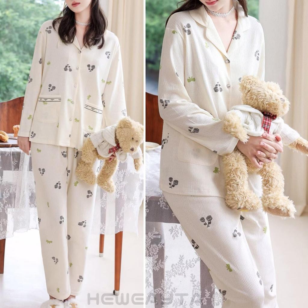 HEWEAYTA Long Sleeve Floral Lightweight Loungewear Set with and Loose Fit Size Women's Open-Front Pajamas, Buttons, Breathable, Comfortable, (White,