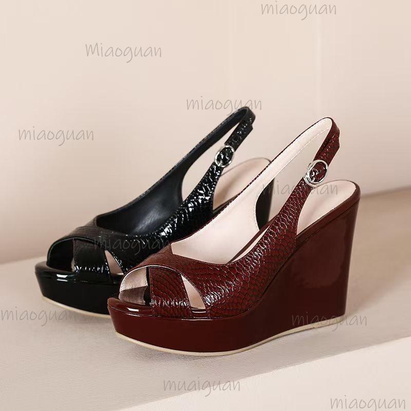 Fashion Shoes Cswo01 Women's Black Peep Toe Wedges Heel Platform Sandals Chunky Sole Buckle Straps Leather Shoes For Casual Sandals Size 35-42 Cm