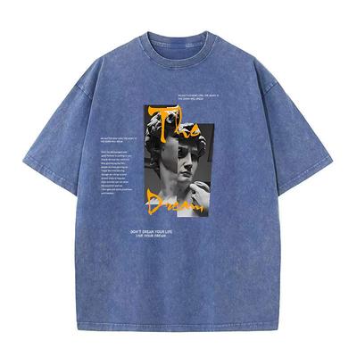 Sommer-T-Shirt in Übergröße für Herren und Damen aus 230 g Baumwolle mit Skulptur-Aufdruck, gewaschen und gealtert, Rundhalsausschnitt, kurzärmelig, Hip-Hop