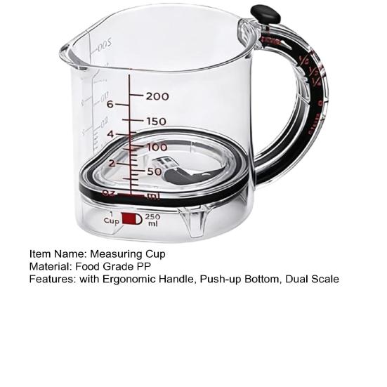 Kubek pomiarowy 4 w 1 z regulacją i ergonomicznym uchwytem, dnem typu push-up, kubek pomiarowy z podwójną skalą, przybory kuchenne do gotowania i pieczenia