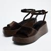 High Quality Velvet Platform Sandals for Women Brown Round Toe Ankle Strap Buckle Wedge Heels Summer Sexy Open Toe Beach Sandals