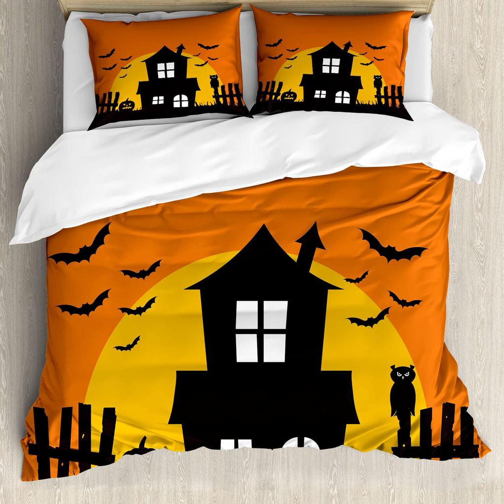 Halloween Duvet Cover Set, Spooky Carved Halloween Pumpkin Lantern Bat Bedding Set Single Twin Full Queen King Comforter Cover