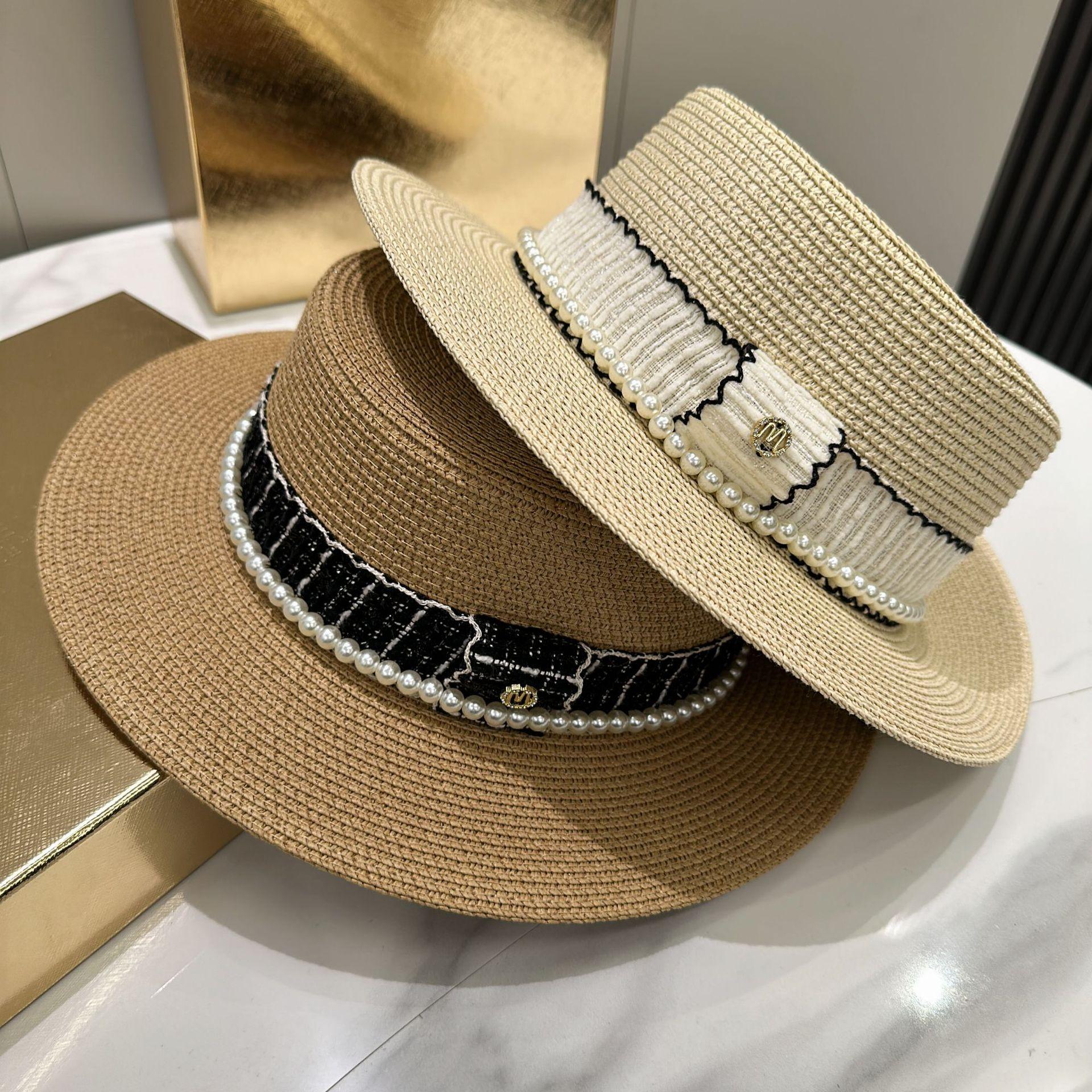 

Pearl flat top straw hat women s summer retro fashion British straw hat flat edge top hat Adult average size чорний