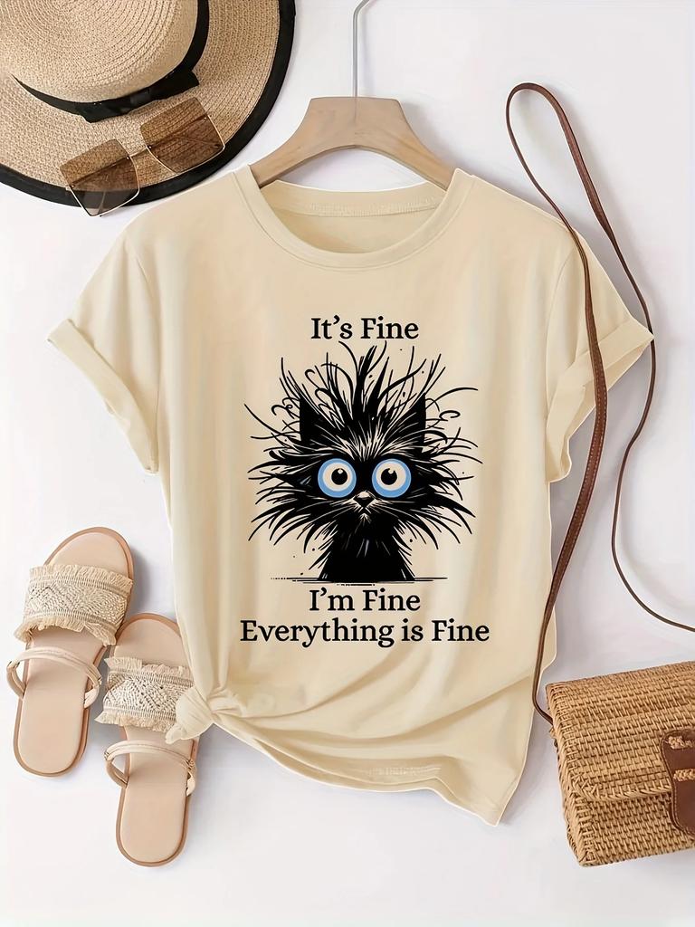 Womens Light Blue Casual Sleeve TShirt Its Fine Im Fine Everything Is Fine Sarcastic Cat Graphic Print Round Neck Summer