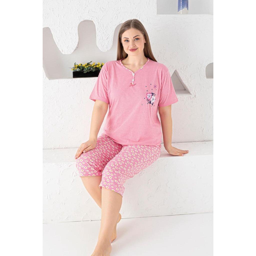 X-dreamy Plus Size Cotton Patterned Button Collar Capri Pajama Set