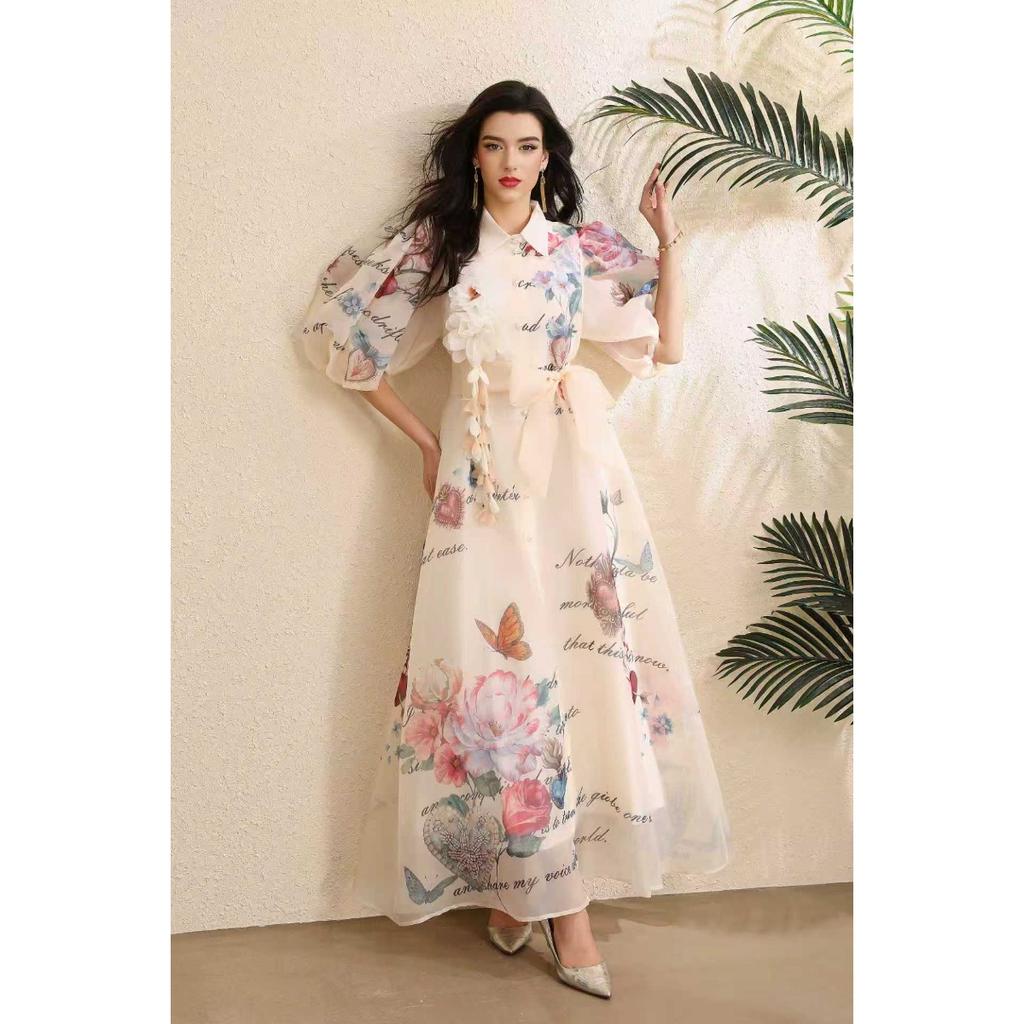 Women's Turn Down Collar Short Sleeve Maxi Dress Slim Fit Mid Waist Elegant Floral Print Shirt Dress