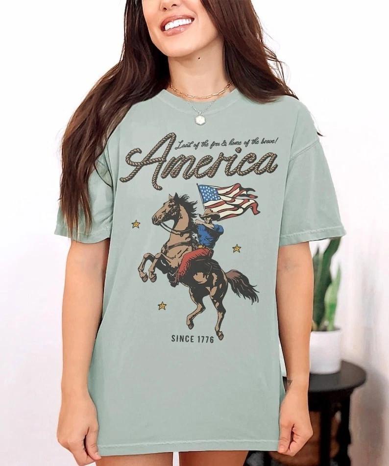 America Since 1776 Patriotic Cowboy Flag T Shirt S