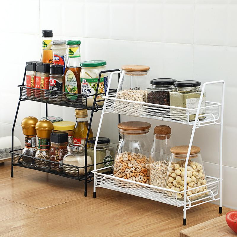 Double Layer Iron Kitchen Storage Rack Wire Spice Organizer Metal Cosmetic Makeup Basket Holder Dish Drainer Bathroom Desk Shelf
