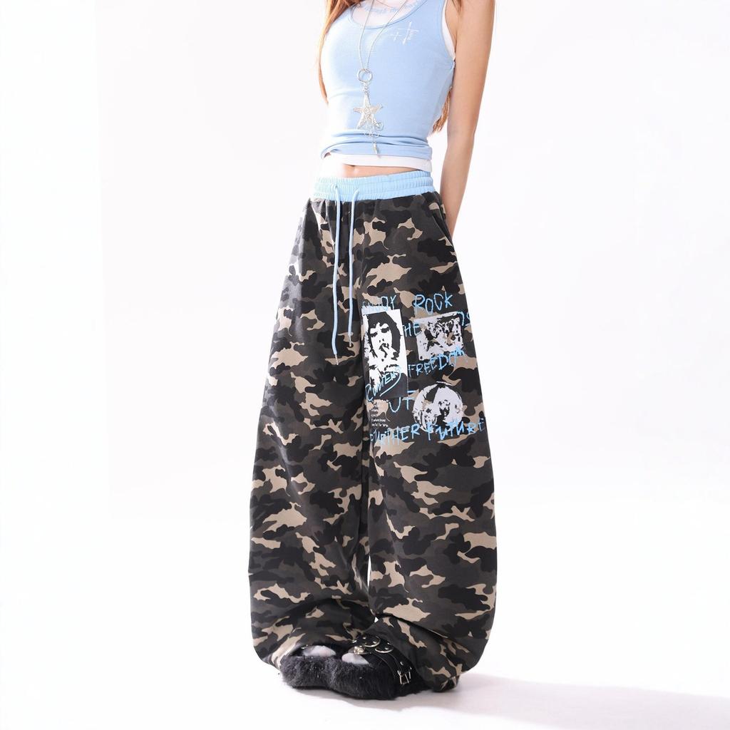 American retro camouflage printed wide-leg pants women's loose mopping scimitar pants street hipster casual pants spring and autumn