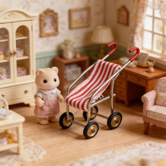 Mini Stroller Doll Accessories Metal Frame Fabric Seat Realistic Stroller Miniature Collectible Tiny Trolley for Doll Mansion Decoration Photo Prop