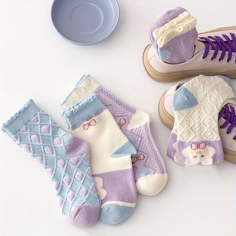 5 Pairs Girls Cute Rabbit Crew Socks Breathable Durable Knit and Trendy Polka Dot Design