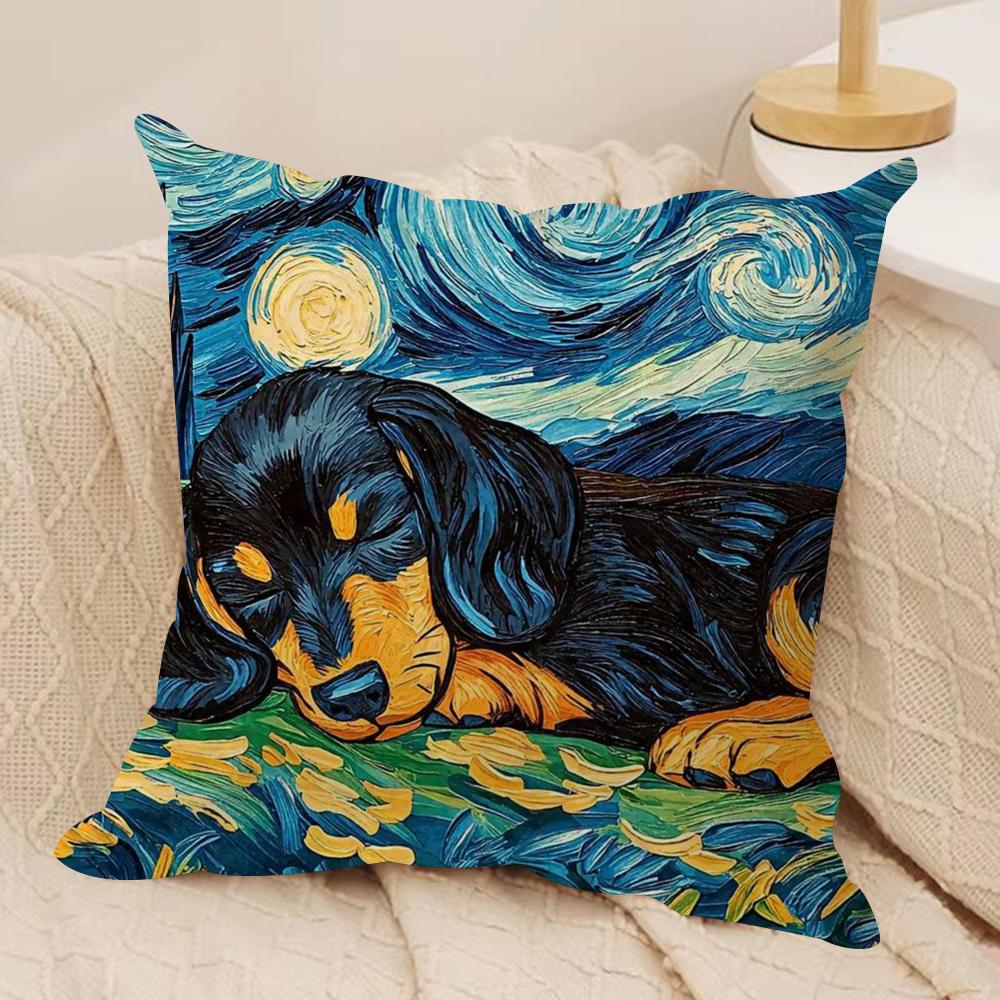 Cartoon Sternenhimmel Hund Kissenbezug Seidiger Kurzer Plüsch Doppelseitig Bedruckter Kissenbezug für Sofa Alle Jahreszeiten Heimdekoration Geschenk