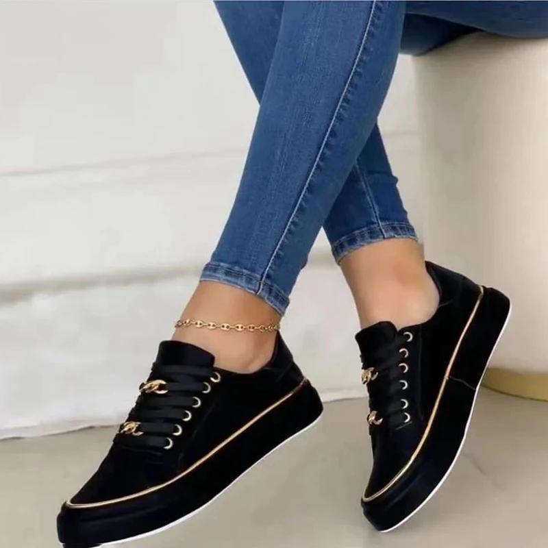 Women's Sneakers  New Fashion Chain Leather Comfortable Round Toe Platform Sneakers Lace-up Walking Women's Vulcanized Shoes