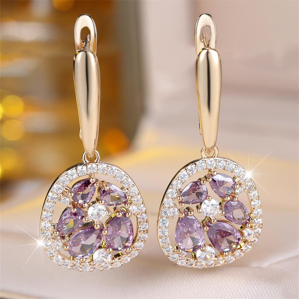 Pendientes de Aro con Colgante de Gota de Agua y Cristal Púrpura para Mujer Hebilla de Oreja Vintage Color Dorado Joyería para Bodas Regalo del Día de San Valentín