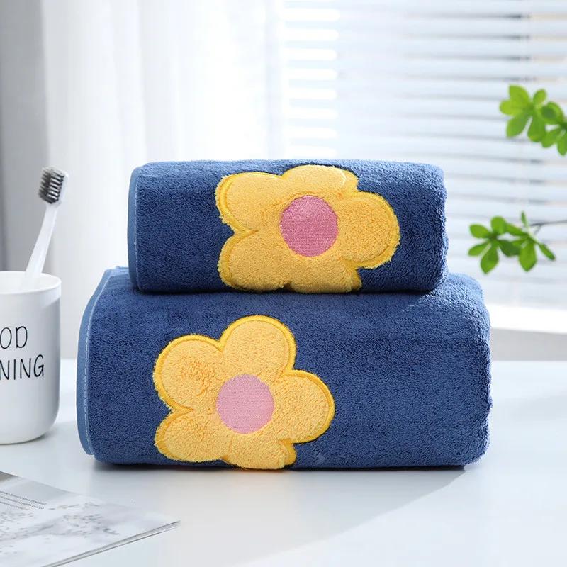 

1Pc 35x75cm Flower Embroidered Hanging Hand Towel Coral Fleece Home Soft Bathroom Shower Cloth 35x75cm&1pc тёмно-синий