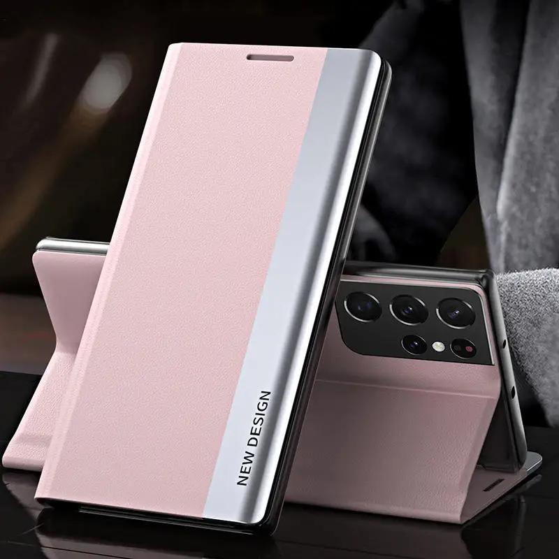 

Plating Leather Phone Case For Samsung S26 Ultra S24 Plus S23 S22 S21 S20 S25 FE S25 Ultra Flip Bracket Protection Cover S23