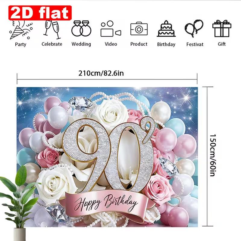 2D 90 Years Old Birthday Backdrop Sweet Pastel Flower Balloon Theme Party Photo Booth Background