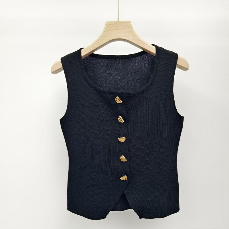 French Retro U-Neck Single-Breasted Sleeveless Slim Vest Solid Color Knitted Vest For Women