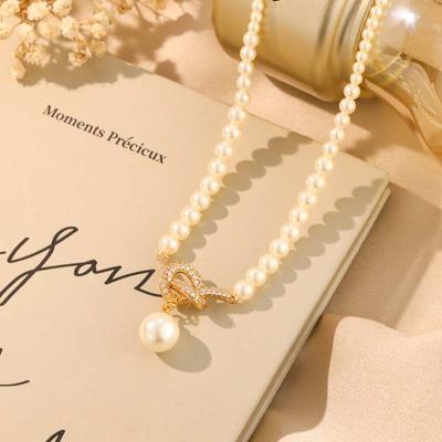Micro-set Knotted Pearl Pendant Necklace Women's Fashion Elegant Collarbone Chain Temperament Sweater Chain