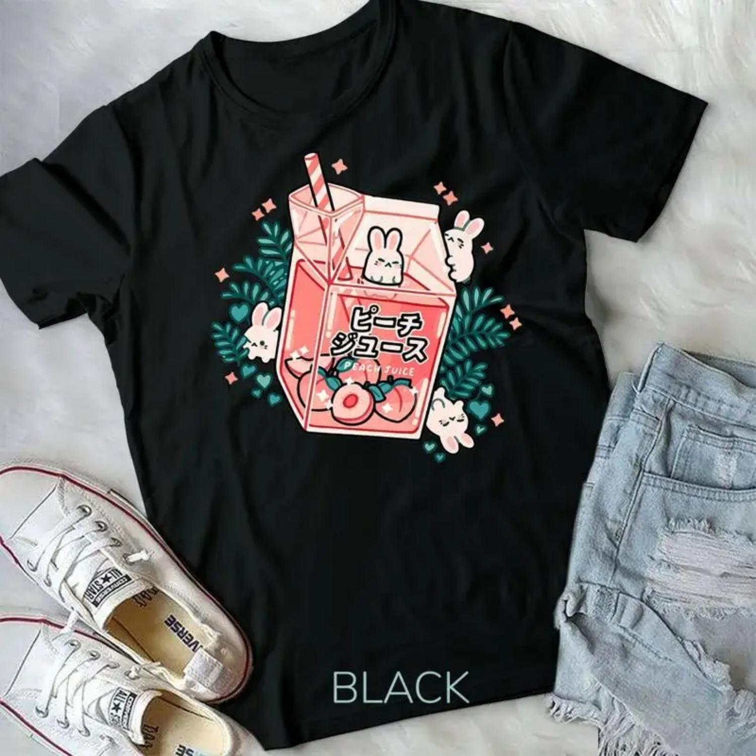 90s Japanese Kawaii Peach Milk Juice Aesthetic Unisex Form T Shirt S чёрный