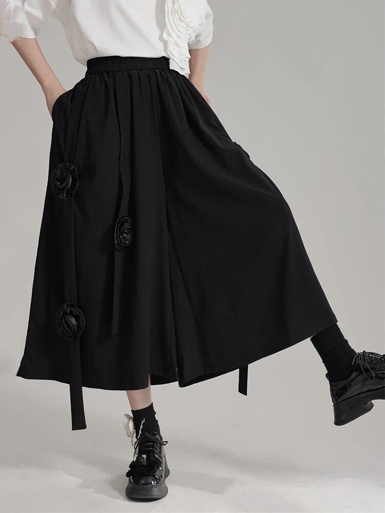 XITAO Black Casual Wide Leg Pants Personality Three-dimensional Flower Splicing Decoration Women Pants Summer New LYD1890
