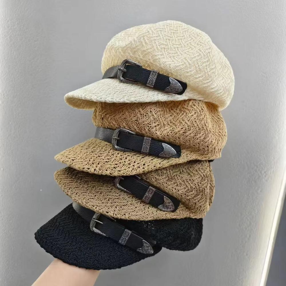 Zealous Sole Women's Brown Classic Hollow-Out Woven Straw Cap Breathable Sunscreen Octagonal Hat Leather Buckle Sunshade Cap Woman's