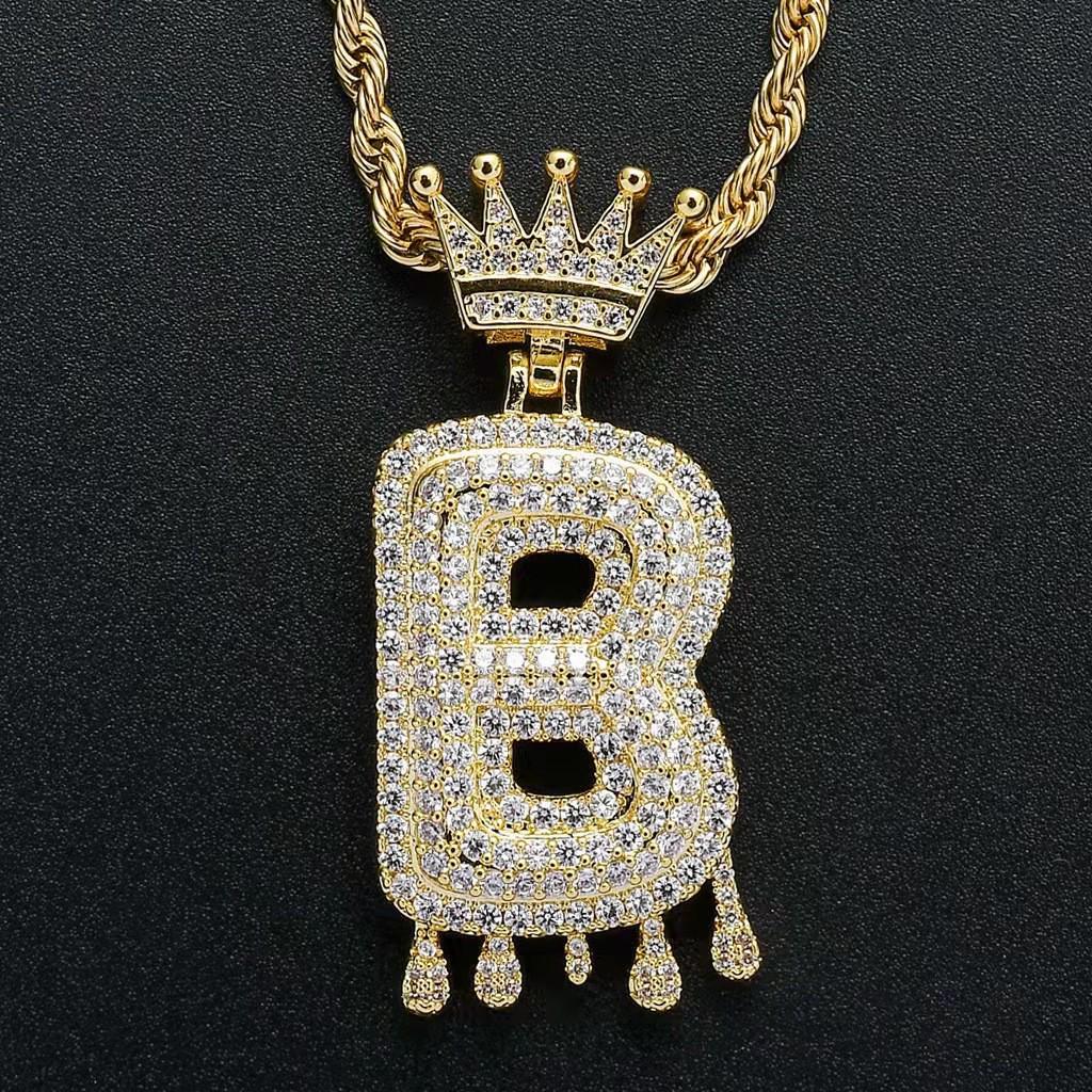 Stylish Hip Hop Zircon Crown Pendant Necklace with 26 English Letters for Women