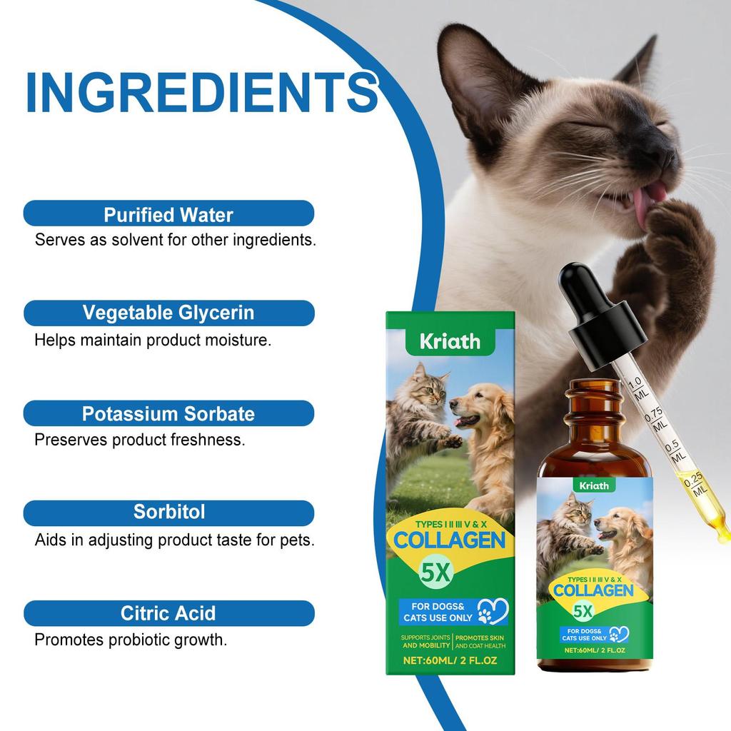 Kriath Pet Collagen Drops 60ml, Cats & Dogs. Joint Care, Skin Health, Coat Health, Gut Health, Immune System Boosting for Pets.