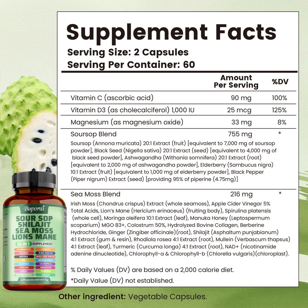 Soursop Capsules Contain Shiitake Mushroom, Seaweed, and Hericium Erinaceus Extract; Vegan; Antioxidant Support; and Joint Health Benefits.