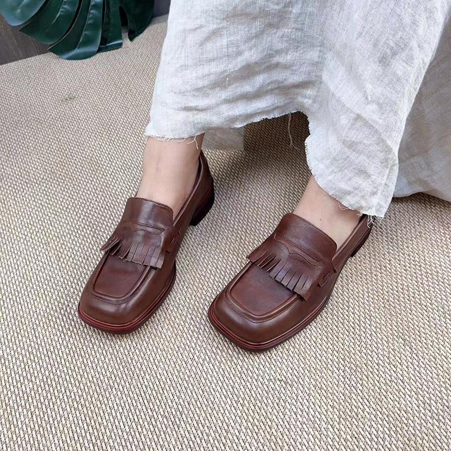 Johnature Genuine Leather Women Pumps Retro Square Toe Soft Sole Comfortable Shallow Slip-on Low Heel Shoes