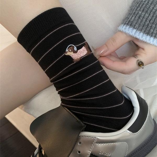 Embroidered Dachshund Mid-calf Thin Cotton Socks Fine-striped Dachshund Basic Versatile Cotton Socks