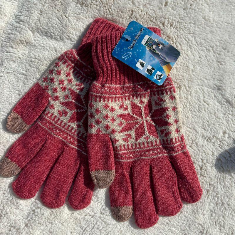 

Foreign trade order. Men s and Women s Winter Finger Division Gloves Touch Screen Jacquard Fleece Woven Nap Thick Warm Riding Magic Windproof Pink snowflake One size