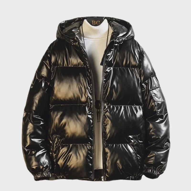 Men's 2023 Winter Fashion: Thick Shiny Puffer Coat with Velvet, Large Size.