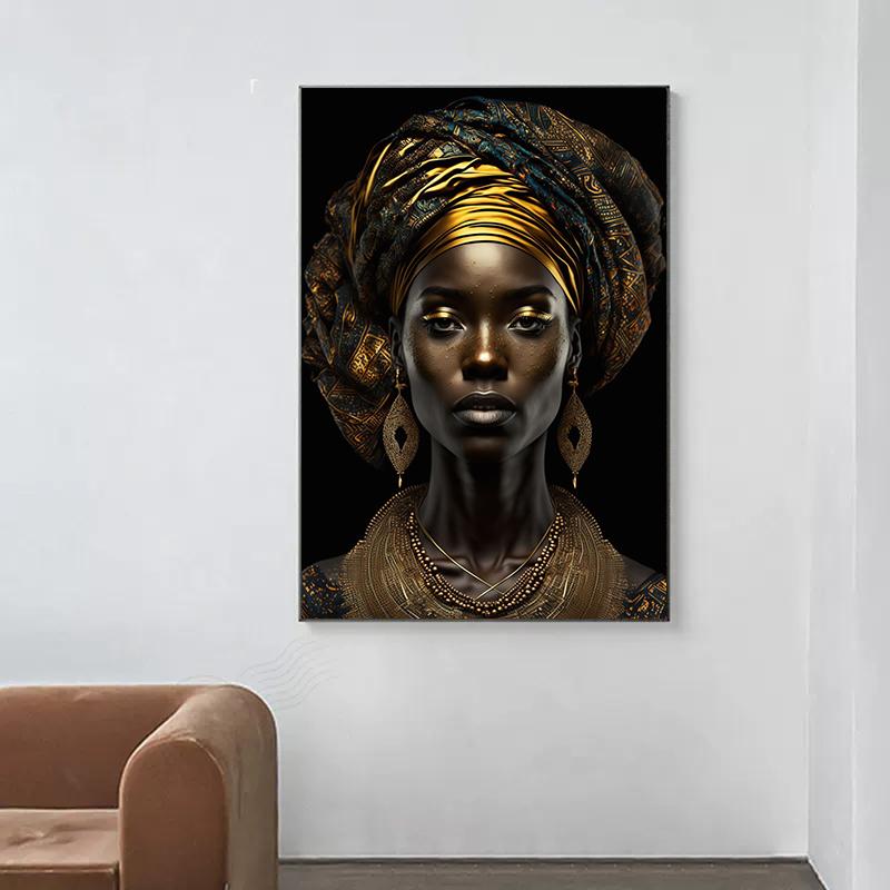 Schwarzgold Afrikanische Frau Porträt Poster Leinwand Malerei Abstrakte Wand Kunst Bild Für Moderne Wohnzimmer Dekoration