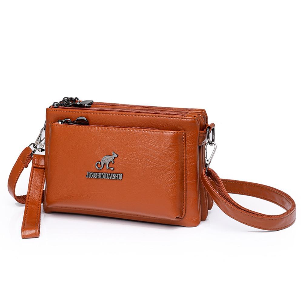 Retro Multiple Zip Pockets Shoulder Bag Soft Square Phone Bag PU Leather Crossbody Bag  Elderly