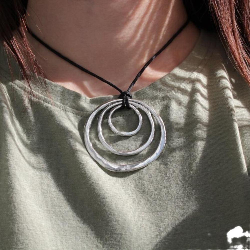 New Ethnic Retro Sliver Color Irregular Geometry Multi-layer Hollow Ring Pendant Black Rope Chain Necklace for Women Men Jewelry