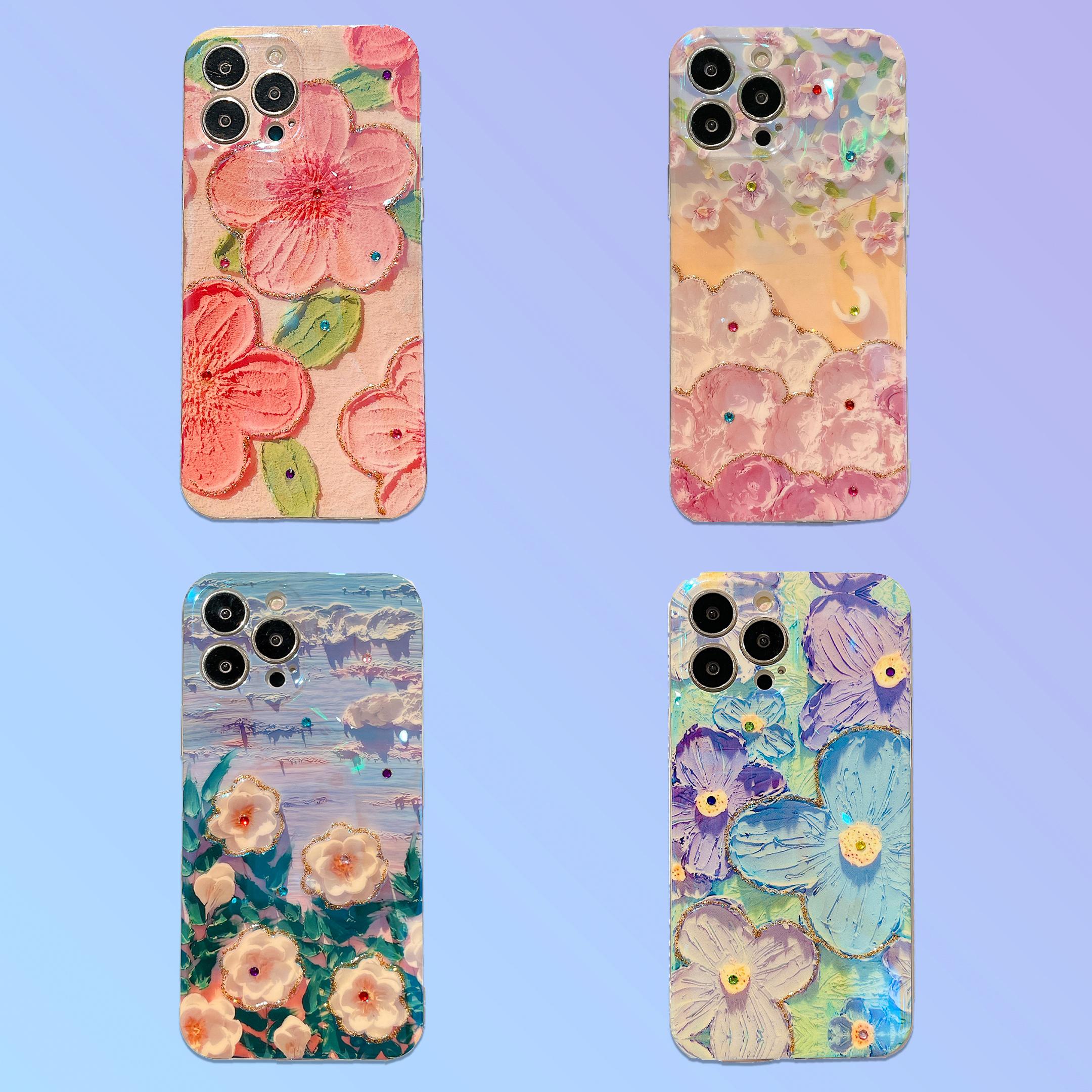 

Масляная живопись 3D Цветок Розовый Фиолетовый Bling Кристально чистый чехол для бампера телефона для iPhone 14 Samsung Xiaomi Huawei Oppo Vivo Мягкая силиконовая краска Задняя крышка