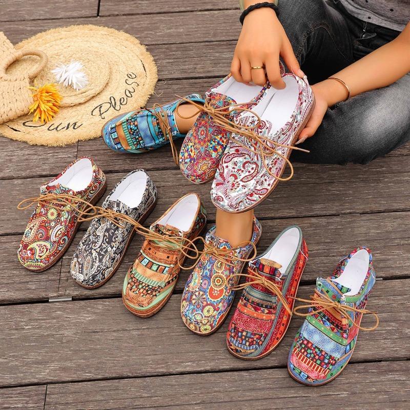 Printed Ethnic Style Lace-up Casual Shoes 2025 Autumn New Plus-size Flat Low-top Shoes for Women
