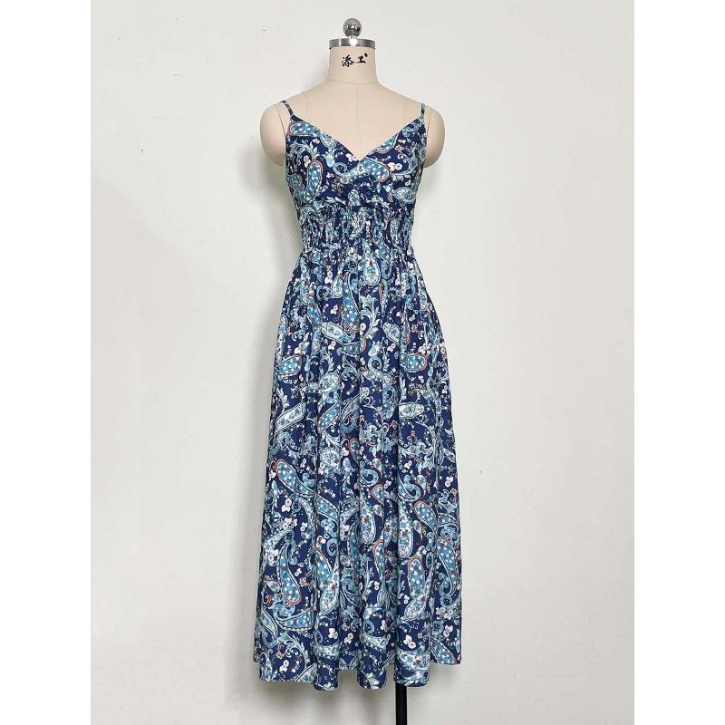 Summer Floral Printing Suspender V-neck Dress Women Elegant Loose Slim Waist Holiday A-line Party Dresses Sleeveless Fashion Casual Women's Clothing