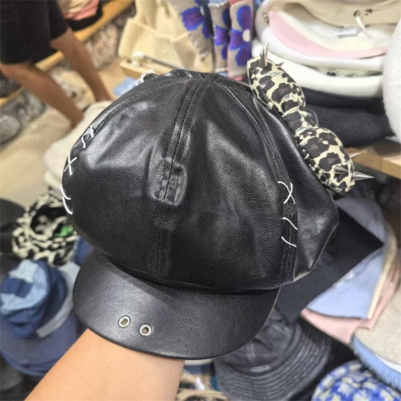 Rivet Studded Beret Hat for Lady Girl Fashion 2000s Octagonal Hat Driver Hat Girl Skull Caps All Matching Rocker Hat